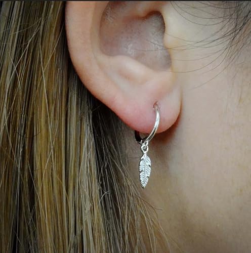 Feather Hoop Dangle Earrings Silver Huggie Hoop Earrings Small Feather Leaf Drop Earring Vintage Metal Tiny Leaf Earring Jewelry for Women