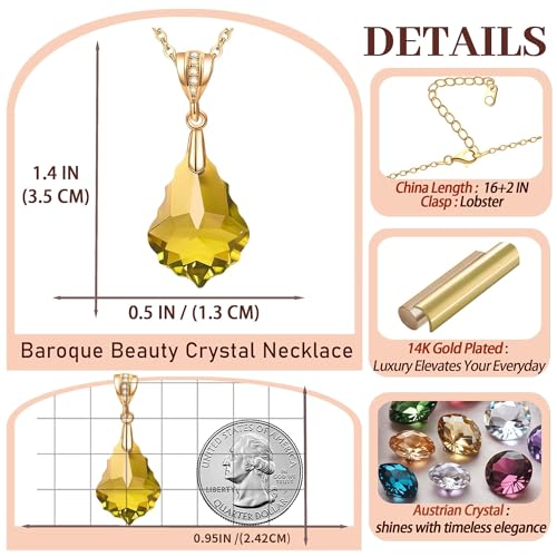 EVEVIC Teardrop Austrian Crystal Charm Pendant Necklace for Women | 14K Gold Plated,Adjustable Chain Fit,Elegant Teardrop Crystal,Gift Box Included,Perfect for Daily Wear and Special Events - color: Yellow