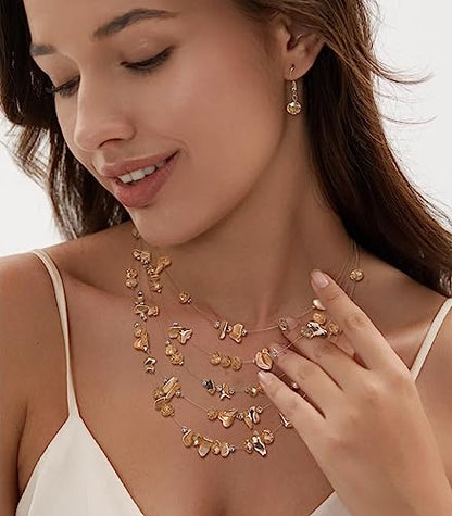 Multi-Layer Boho Shell Beaded Necklace for Women Colorful Crystal Strand with Silver Beads Statement Collars Necklace and Earrings Costumes Jewelry Sets for Women - color: 45-Champagne
