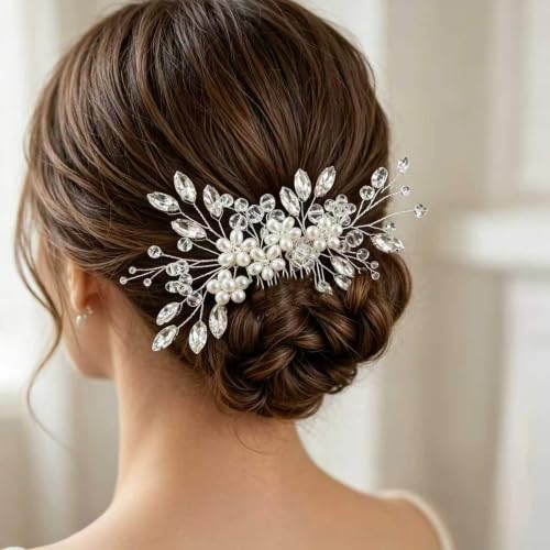 Wedding Hair Comb Pearl Crystal Bridal Hair Piece | Rhinestone Wedding Hair Accessories，Silver Hair Comb Clip for Women Wedding Party - color: silver-346