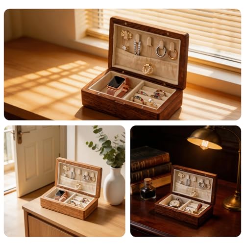Small Wooden Jewelry Box | Versatile Mens Jewelry Box with Earring & Ring Organizer for Travel & Vanity Display