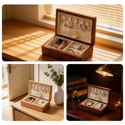 Small Wooden Jewelry Box | Versatile Mens Jewelry Box with Earring & Ring Organizer for Travel & Vanity Display