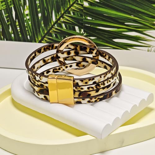 ZMANYIJEW Leather Wrap Bracelets for Women,Boho Cuff Bracelets Multi-Layer Crystal Beads Cuff Bracelet Multilayered Leopard Leather Braided Bangle Wrist Cuff Bangles - style: O-Leopard