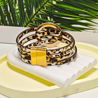 ZMANYIJEW Leather Wrap Bracelets for Women,Boho Cuff Bracelets Multi-Layer Crystal Beads Cuff Bracelet Multilayered Leopard Leather Braided Bangle Wrist Cuff Bangles - style: O-Leopard