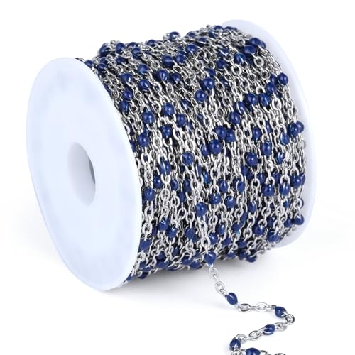 33FT 2mm Stainless Steel Navy Blue Enamel Chains Bulk for Jewelry Making | 304 Stainless Steel Enamel Beaded Cable Chains Roll Spool for Necklace Bracelet Craft - color: Stainless Steel Navy Blue Beads
