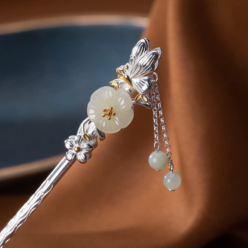 Hotan Jade S925 Silver Plated Hairpin Butterfly with Pearl and Plum Blossom Chinese Hanfu Style Hair Sticks Retro Handmade Hair Clip Hair Accessories for Women Girls Long Hair (Hotan Jade) - color: Hotan Jade