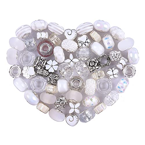 Aipridy European Large Hole Beads, Colorful Glass Charm Beads Set, Assorted Patterns and Designs Rhinestone Craft Beads for DIY Bracelet Jewelry Making (60, White Resin+Alloy) - color: White Resin+Alloy