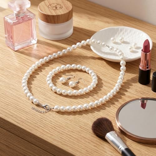 3PCS Pearl Jewelry Set for Women, Faux Pearl Necklace Bracelet Earrings Set, Round Pearl Costume Accessories for Brides Wedding Gift - style: Classic1