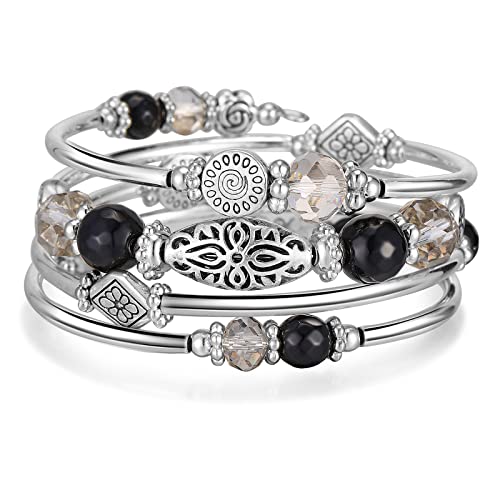 FULU AUTUMN Stackable Beaded Bracelets for Women Boho Wrap Silver Bracelet Layered Fashion Jewelry Gifts for Her - color: Black grey