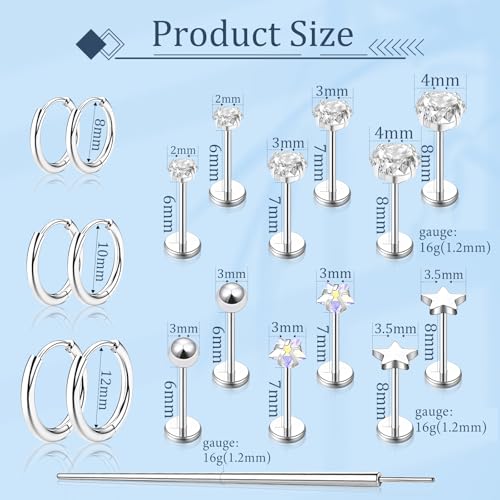 Flat Back Stud Earrings Cartilage Earrings for Women Men Hypoallergenic Threadless Flat Back Earring Surgical Steel Earring Tragus Helix Labret Lip Medusa Conch Body Piercing Jewelry - color: Sliver-16G(1.2mm)