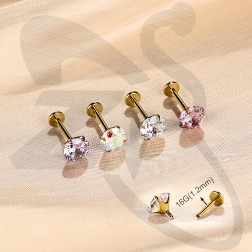 ZS 1 Pair G23 Titanium Internal Thread Big CZ Stud Earring for Tragus Helix Conch Cartilage, 16G/18G Medusa Labret Lip Monroe Piercing Jewelry Women Men - color: Gold, AB White CZ, size: 16g, L:8mm, CZ:5mm