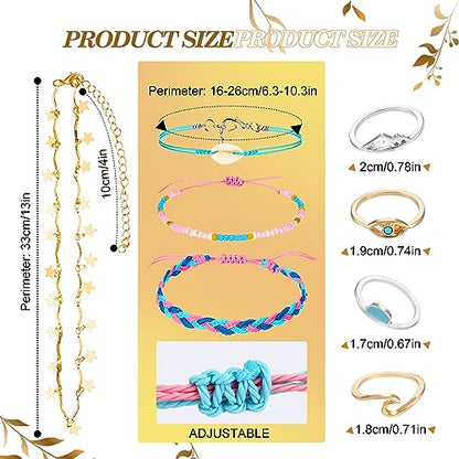 Batiyeer 60 Pcs Boho Surfer Wave Bracelet and Necklace Set for Women, Summer Beach Y2k Layered Choker Anklets Knuckle Rings - style: Delicate