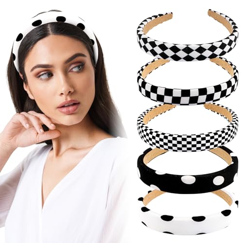 5 PCS Checkered Headbands, Black and White Padded Headband for Women Girls Buffalo Plaid Wide Hair Bands Non-Slip Stretch Hair Accessories