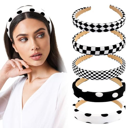 5 PCS Checkered Headbands, Black and White Padded Headband for Women Girls Buffalo Plaid Wide Hair Bands Non-Slip Stretch Hair Accessories