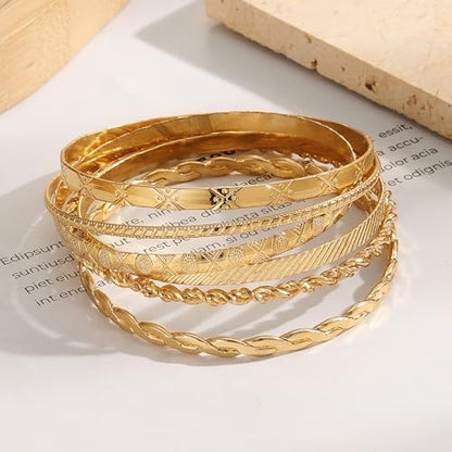 IFKM Gold Chain Bracelets Set for Women, 14K Gold Plated Multiple Layered Stackable Open Cuff Bangle Bracelet Anklet Bracelets Adjustable Link Tennis Beads Italian Cuban Jewelry for Women Gift - style: 6PCS Stack