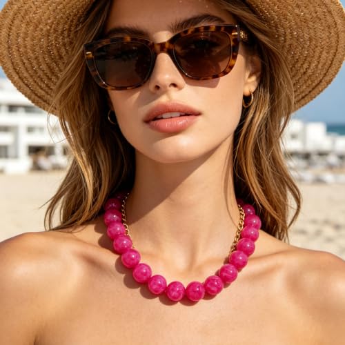 Chunky Beaded Necklace for Women Trendy Boho Collar Statement Necklace Large Round Resin Beads Choker Necklaces Summer Beach Jewelry Gifts - color: Rose Red
