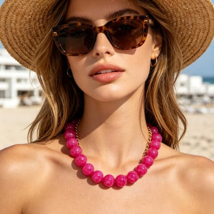 Chunky Beaded Necklace for Women Trendy Boho Collar Statement Necklace Large Round Resin Beads Choker Necklaces Summer Beach Jewelry Gifts - color: Rose Red