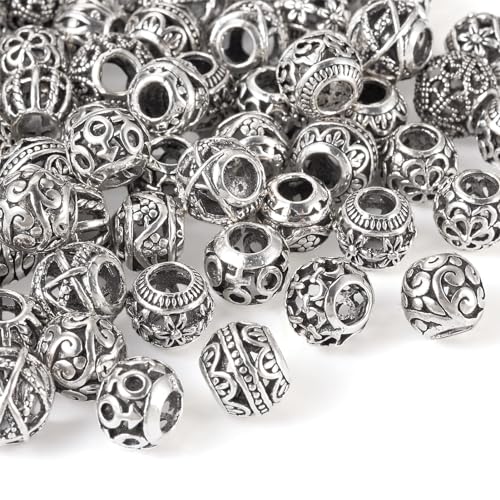 Craftdady 66Pcs Large Hole Rondelle Spacer Beads Alloy European Beads 11 Style Tibetan Antique Silver Spacer Beads Western Beads for Crafts Jewelry Making - color: Antique Silver-12 Styles, Rondelle