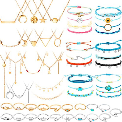 Batiyeer 60 Pcs Boho Surfer Wave Bracelet and Necklace Set for Women, Summer Beach Y2k Layered Choker Anklets Knuckle Rings - style: Fresh