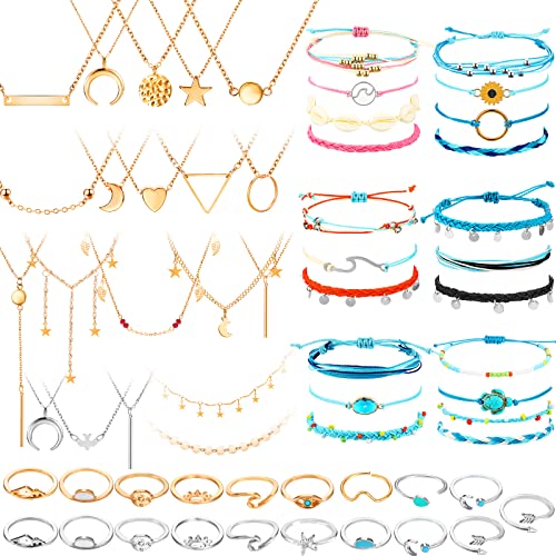 Batiyeer 60 Pcs Boho Surfer Wave Bracelet and Necklace Set for Women, Summer Beach Y2k Layered Choker Anklets Knuckle Rings - style: Fresh