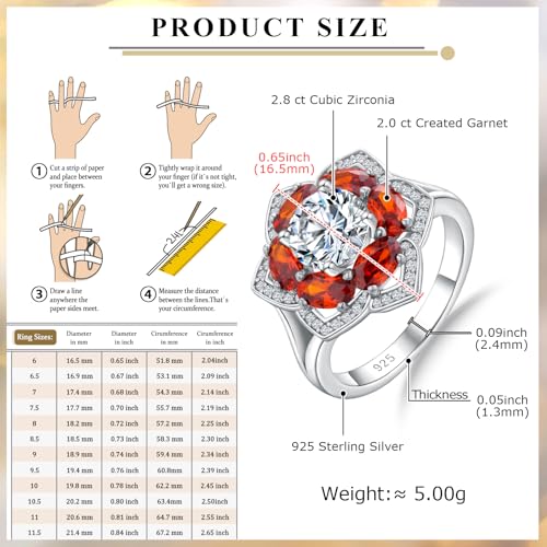 Flower Cocktail Ring for Women Stone Engagement Anniversary Rings | Sterling Silve|Hypoallergenic|Ruby|Sapphire|Emerald|Wedding and Birthday Party Women Statement Ring|Mother and Grandma Gift - color: Garnet (Jan.)