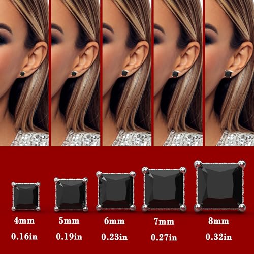 Princess Cut Cubic Zirconia Stud Earrings for Men Women | Square CZ Simulated Diamond Studs, 18K White Gold Plated Sterling Silver, Hypoallergenic - color: Black, size: 6MM