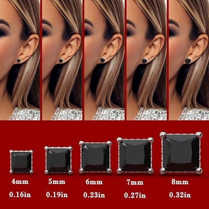 Princess Cut Cubic Zirconia Stud Earrings for Men Women | Square CZ Simulated Diamond Studs, 18K White Gold Plated Sterling Silver, Hypoallergenic - color: Black, size: 7MM