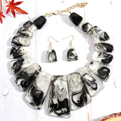 DATOA Chunky Resin Geometric Necklace Earrings Set for Women Boho Modern Statement Necklace Jewelry Accessories - color: Black and White