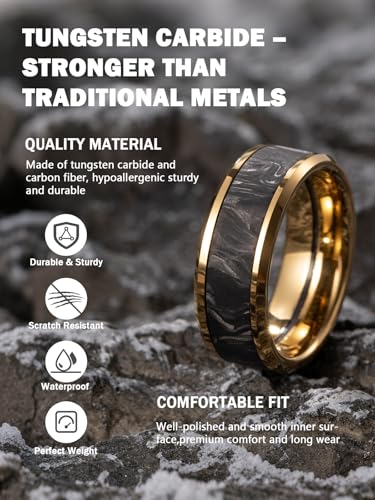 NUNCAD Men’s Tungsten Carbide Ring with Forged Carbon Fiber | Gold & Black, 8mm, Durable Scratch Resistant Comfort Fit Band, Wedding Band for Him, Daily Everyday Wear