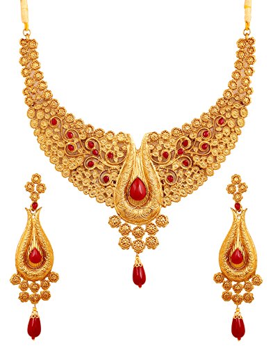 Touchstone Indian Bollywood Traditional Craftsmanship Mughal Designer Jewelry Wedding Necklace Set in Antique Gold Or White Tone for Women. - style: D454 Red