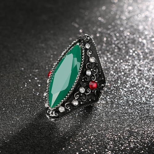 Vintage Green Gemstone & Red Crystal Statement Ring, Black Silver-Tone Band with Large Teardrop Stone Cocktail Rings, White/Red Crystal Accents Boho Ring,Gothic Retro Accessory Jewelry