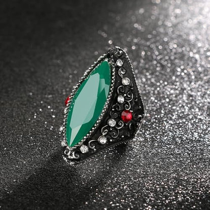 Vintage Green Gemstone & Red Crystal Statement Ring, Black Silver-Tone Band with Large Teardrop Stone Cocktail Rings, White/Red Crystal Accents Boho Ring,Gothic Retro Accessory Jewelry