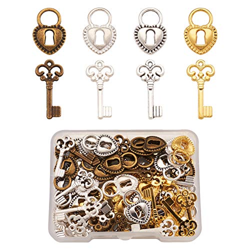 Craftdady Tibetan Style Antique Silver Alloy Pendants Cute Metal Dangle Charms Vintage Animal Pendants Hanging Charms for DIY Craft Earring Bracelet Necklace Jewelry Making Supplies - color: 4 Colors, Key & Lock