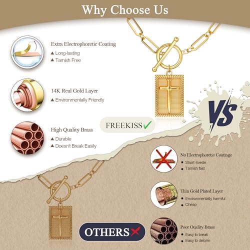 Freekiss 3-Piece Layered Toggle Necklace for Women | Gold/Silver necklace set with herringbone, rope, and paperclip chains plus a toggle clasp for layering, parties, and gifts - color: Gold Cross Necklace