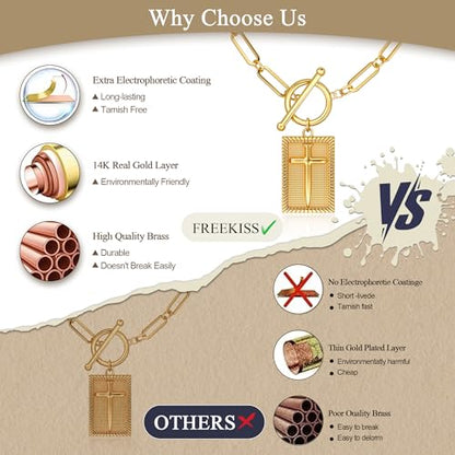 Freekiss 3-Piece Layered Toggle Necklace for Women | Gold/Silver necklace set with herringbone, rope, and paperclip chains plus a toggle clasp for layering, parties, and gifts - color: Gold Cross Necklace