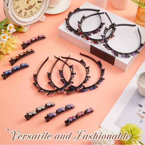 Suncalla 12 Pcs Headband with Clips Set for Women Girls, 6 Hairpin Headband, 6 Rhinestone Hair Clip, Flexible Double Layer Twist Plait Double Bangs Braided Hollow Woven Crystal Flower Hair Accessory