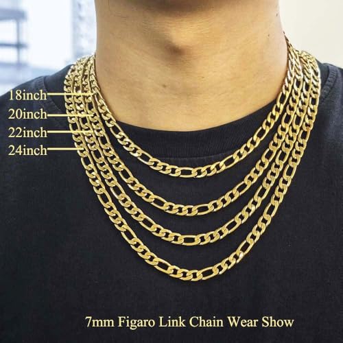 Stainless Steel Figaro Link Chain Necklace For Men Women, 3mm 4mm 5mm 7mm Width, 18k Gold Plated 18 20 22 24 Inch Figaro Chain, No Tarnish Durable Waterproof Jewelry - color: 7MM Gold, size: 20inches