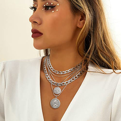 MJartoria Gold Layered Necklaces for Women Trendy Retro Birthflower Coin Pendant Necklace Dainty Chunky Chain Choker Necklaces for Jewelry Birthday Gifts - color: Silvery, style: July Birthflower-Lotus