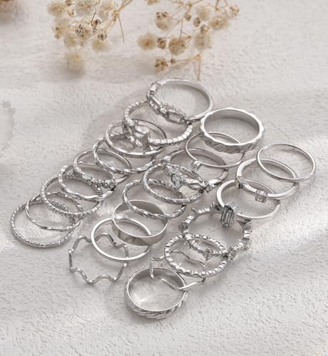 iF YOU 25 Pcs Gold Stackable Ring Set for Women, Chunky Knuckle Finger Midi Rings, Silver Simple Stacking Cute Rings Pack Trendy Stuff Jewelry Gift - style: 24 Silver thin rings