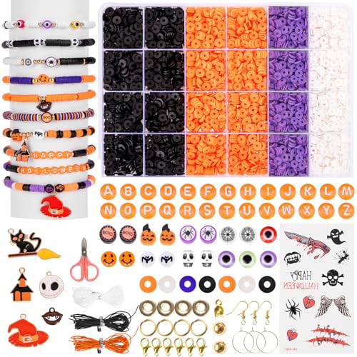 Goldwise Halloween Jewelry Making Bead Kit – 2 Storage Boxes with Clay Beads, Orange A–Z Letter Beads and Halloween Charms, DIY Bracelet & Jewelry Making Supplies - size: Halloween