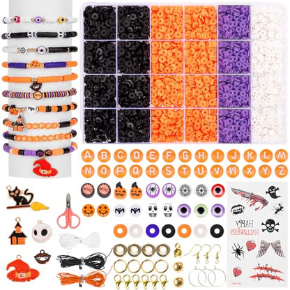 Goldwise Halloween Jewelry Making Bead Kit – 2 Storage Boxes with Clay Beads, Orange A–Z Letter Beads and Halloween Charms, DIY Bracelet & Jewelry Making Supplies - size: Halloween