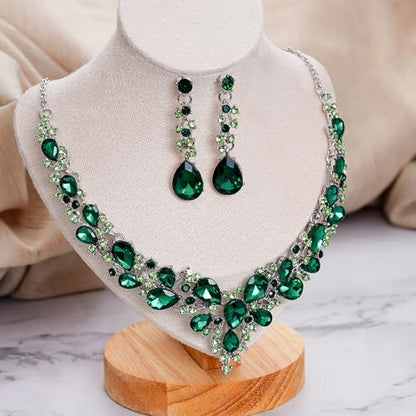 Women's Wedding Statement Necklace Dangle Earring Jewelry | Austrian Crystal Teardrop Cluster,Necklaces Earrings Set for Bride Bridesmaid,Prom Accessories - color: 04-Emerald Color Silver-Tone
