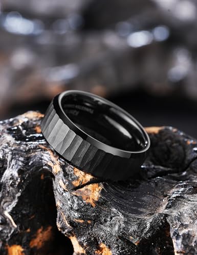 King Will 8mm Mens Hammered Tungsten Rings Matte Brushed Finish | Beveled Edge, Comfort Fit, Durable, Everyday Wear - color: Black