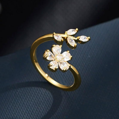 Ladies' Alloy Flower Leaf Open Ring, Silver Tone with Crystal Accents, Adjustable - color: Gold