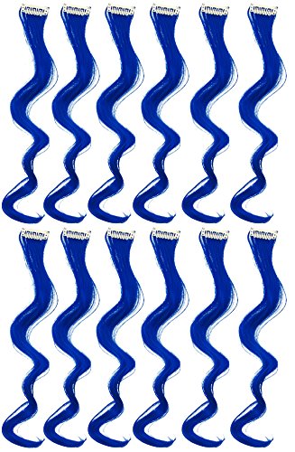12 Pcs Curly Wavy One Color Party Highlights Clip on in Hair Extensions For Women Colored Hair Streak Synthetic Hairpieces (Blue) - color: Blue
