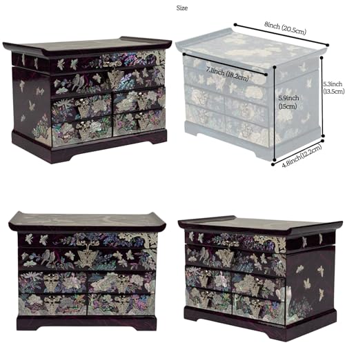 February Mountain Mother of Pearl Jewelry Box – Elegant Korean Jewelry Organizer with Velvet Lining, Unique Christmas Gift for Women, Mom, and Grandma, Decorative Keepsake Box for Rings and Treasures - style: Crane and Pine Tree - Purple