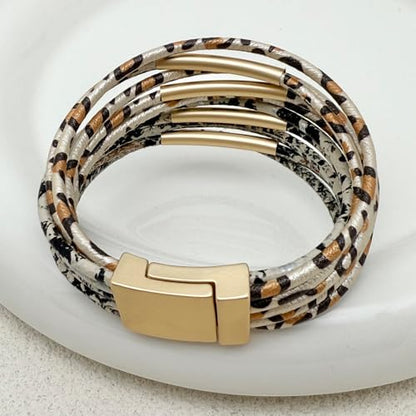 Bracelets for Women Leather Bracelet Multi-Layer Rope Wrap Bangle 14k Gold Plated Cirle Hollow Tube Boho Cuff Bangle Bracelets for Women Gift - style: Animal Print Bracelet