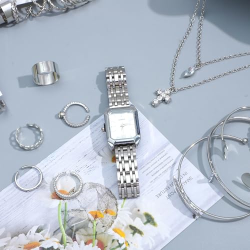 NEWITIN 61 Pieces Gold Jewelry Set for Women Fashion Costume Watch Jewelry | Bohemian Jewelry, Cubic Zirconia, Gold Plated Necklaces Bracelets Watch Rings Earrings Set for Women Party Daily, Women Gifts - color: Silver