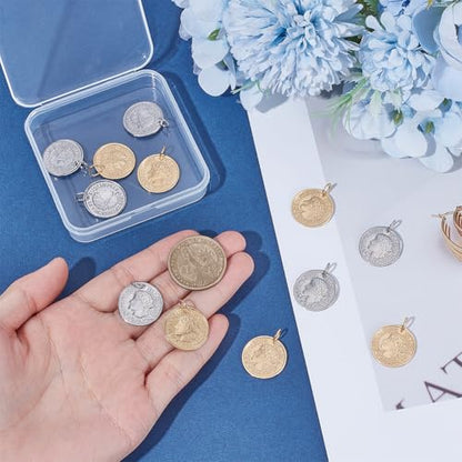 UNICRAFTALE 12pcs Stainless Steel Coin Pendant Republique Francaise 1808 Metal Pendant Flat Round Charms Coin Dangle Medallion Charm for DIY Jewelry Making - color: Golden & Stainless Steel Color