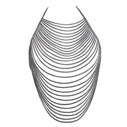 CHRAN Multi-Layer Body Chain Necklace, Gold Metal Chain Halter Top Jewelry, Sexy Chest Chain Accessory for Women - color: Gun Black